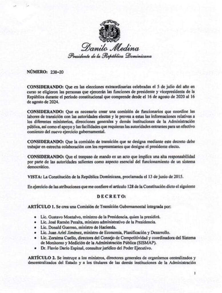 [Decreto 238-20] Presidente Danilo Medina crea Comisi贸n de Transici贸n Gubernamental